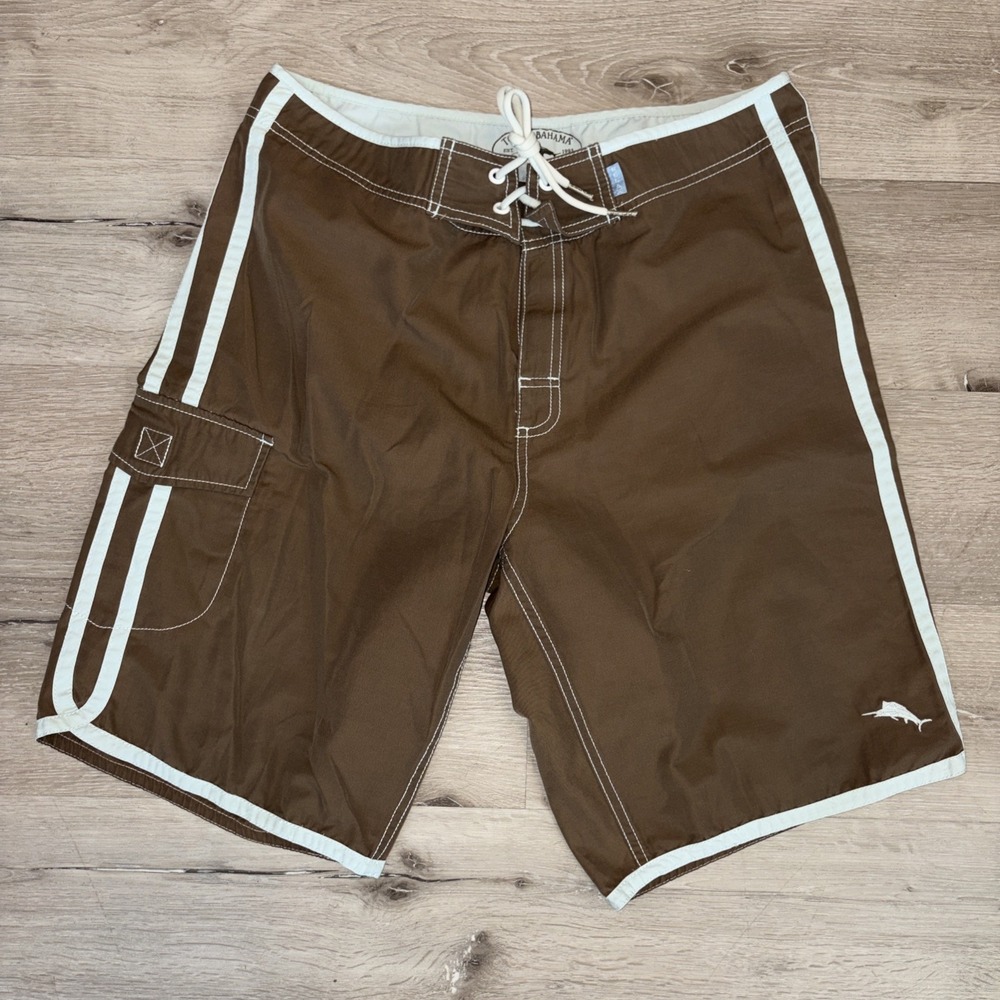 Tommy Bahama Swim Trunks Cargo Board Shorts Men's 32 Brown Blue Beach
